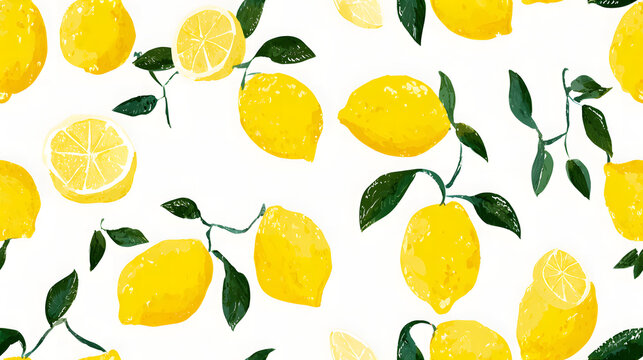 Seamless lemon pattern with watercolor citrus fruits and green leaves on white background
