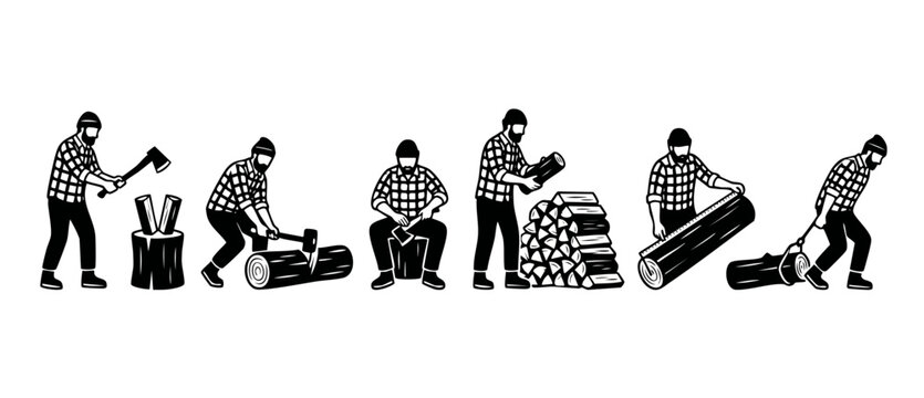 Lumberjack Working Set Black Silhouette Icon Collection, Wood Chopping and Logging Processes, Bearded Man in Flannel Shirt and Beanie Hat, Manual Labor Activities for Forestry Industry and Wilderness