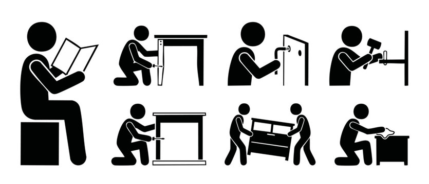 Furniture assembly instructions icons set, DIY home repair and flat pack building steps, vector illustration of people constructing woodwork, manual labor, maintenance, carpenter tools and manual task
