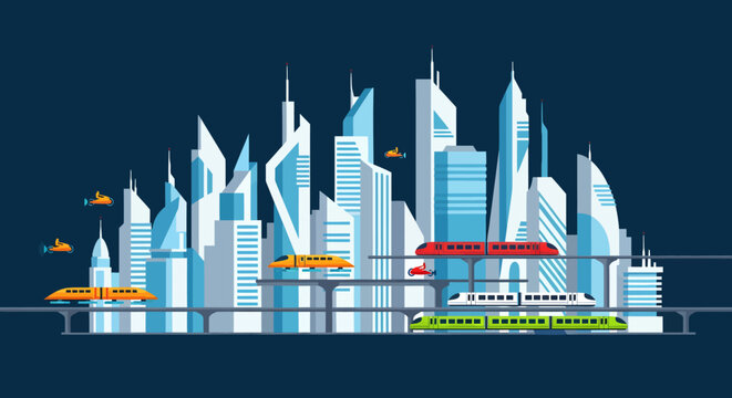 Futuristic city skyline with advanced transportation systems, including monorails and flying vehicles, representing smart city concepts.
