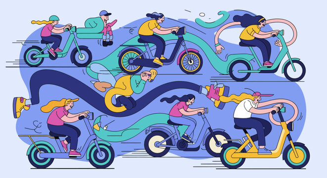 Diverse group of people riding electric scooters and mopeds with wavy lines indicating movement and energy