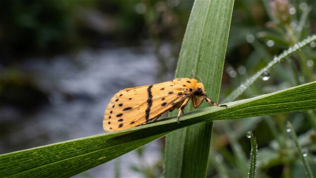macro, close-up, moss moth, of the family erebidae, has pale yellow or orange wings, with black spots.perched on a green leaf.
