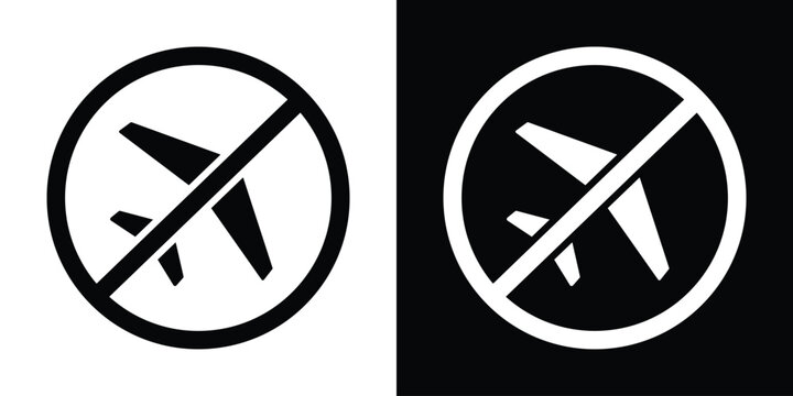 High-contrast "no fly" zone icon showing an airplane behind a strikethrough circle. Indicates flight restrictions, prohibited areas, or grounded aircraft status.