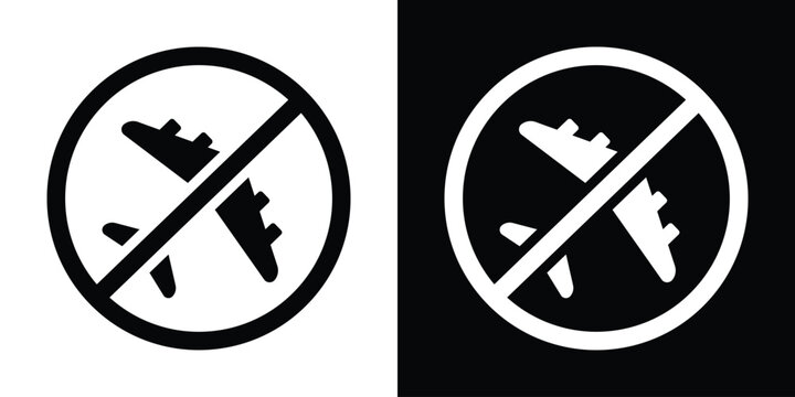 High-contrast "no fly" zone icon showing an airplane behind a strikethrough circle. Indicates flight restrictions, prohibited areas, or grounded aircraft status.