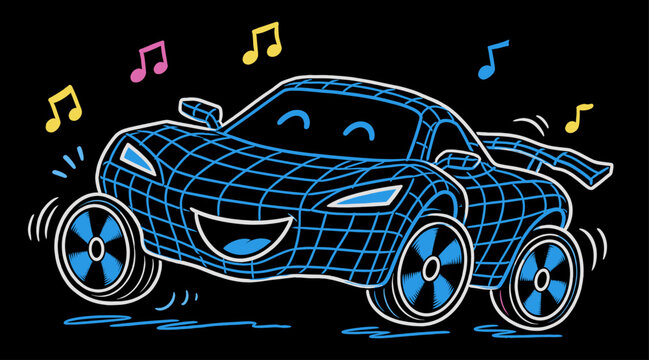 Energetic blue car mascot dancing to music with colorful musical notes and a joyful expression vector