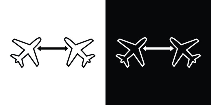 Social distancing or separation icon for aviation featuring two airplanes with a double-headed arrow between them. Denotes safe distance or flight spacing.