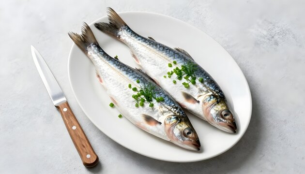 Two fresh herring fish garnished with dill and chives on a white plate