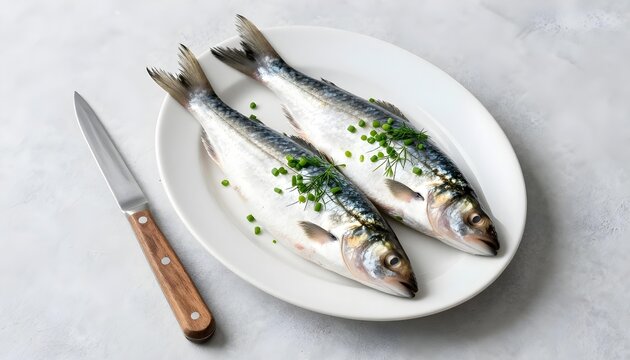 Two whole herring fish garnished with fresh herbs on a white plate with a knife