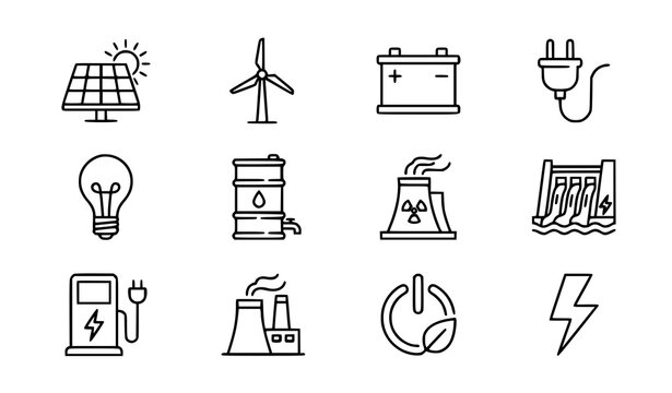 Monochrome energy line icons set with solar wind battery power symbols minimal outline vector collection