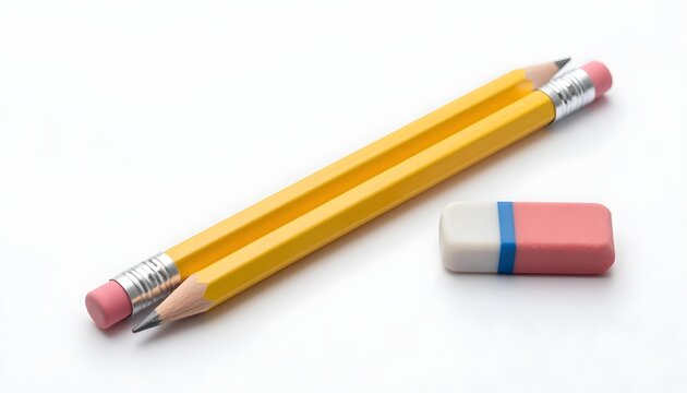 Two yellow pencils with pink erasers and a pink eraser with blue stripe on white background