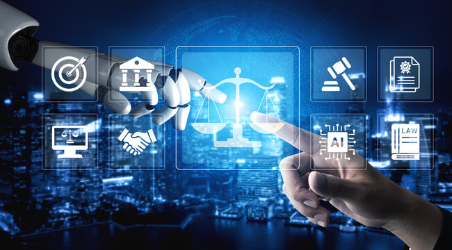 This image illustrates the synergy between law and technology, showcasing a human hand and a robotic hand connecting, symbolizing the future of legal frameworks and AI-driven solutions. Cyphers