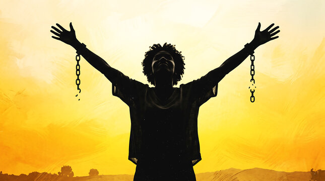 Silhouette of a joyful woman with curly hair breaking free from heavy metal broken chains joyfully