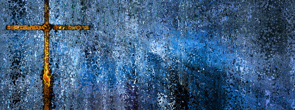 narrow brown gold cross on blue paint spatter