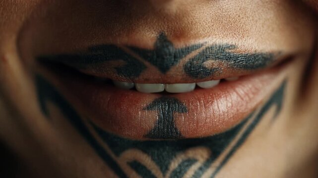 Extreme close up of a woman with a traditional facial tattoo smiling, showing her lips and teeth