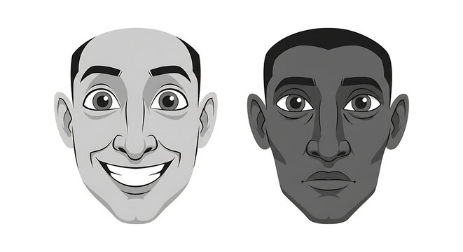 Two cartoon faces, one smiling in white, one frowning in gray, side by side smile
