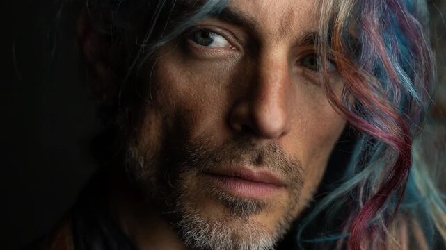 Close-up portrait of a serious man with a beard and colorful dyed hair looking at the camera