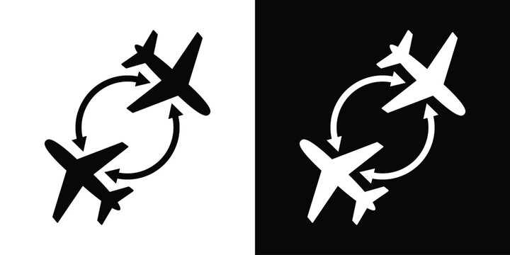 Flat vector icon of two airplanes in a circular exchange motion. Represents flight connections, transfers, or round-trip travel in a minimalist black and white design.