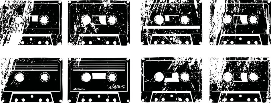 set of ten black grunge cassette tape illustrations with worn and distressed textures