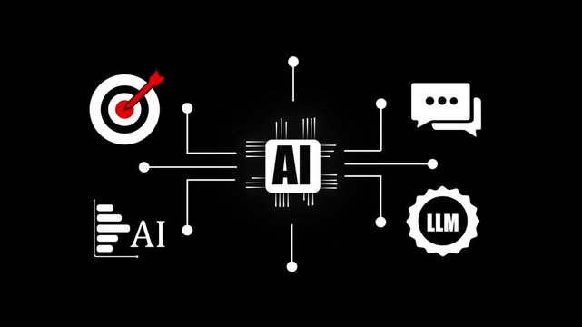 LLM Large Language Model and AI technology concept. Person working with LLM interface icons, artificial intelligence, deep learning, machine learning, natural language processing, Chat AI, Chatbot,