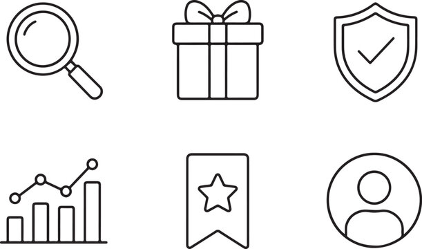 Set of six black and white line featuring a magnifying glass, gift box, shield with checkmark, bar chart, star bookmark, and user profile