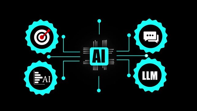LLM Large Language Model and AI technology concept. Person working with LLM interface icons, artificial intelligence, deep learning, machine learning, natural language processing, Chat AI, Chatbot,
