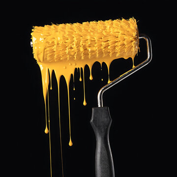  Paint Roller with Dripping Yellow Paint with black background.isolated