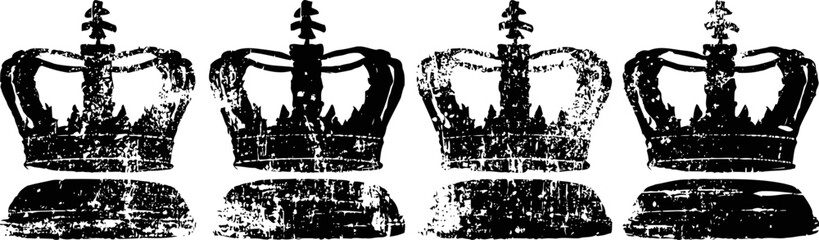Obraz premium Grunge vintage crown silhouettes set of four black ink stamps, royal heraldic emblem design elements
