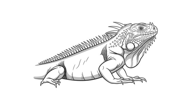 Detailed monochrome illustration of an iguana on a white background