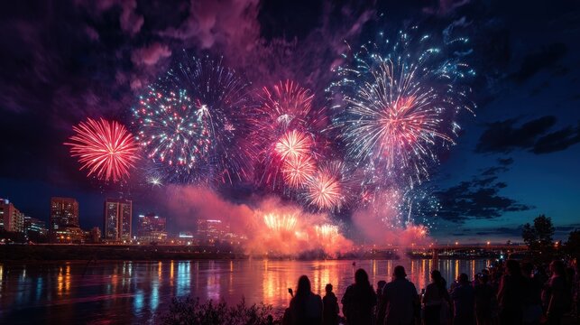 Panoramic Fourth of July fireworks over city skyline with festive text overlay