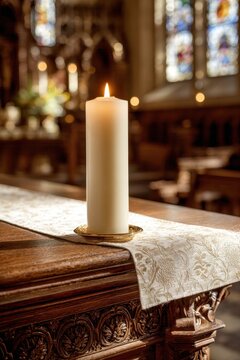 Paschal candle on an ornate church altar bathed in warm sunlit glow with soft background blur