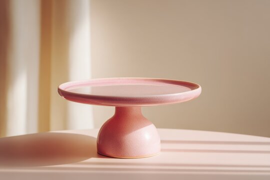 Pastel pink table top scene featuring an empty ceramic cake stand and wide copy space