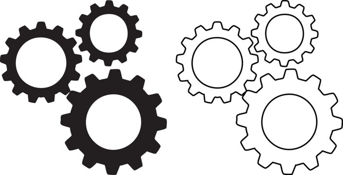 Black silhouettes of three interlocking gears with circular centers circular gears mechanical parts