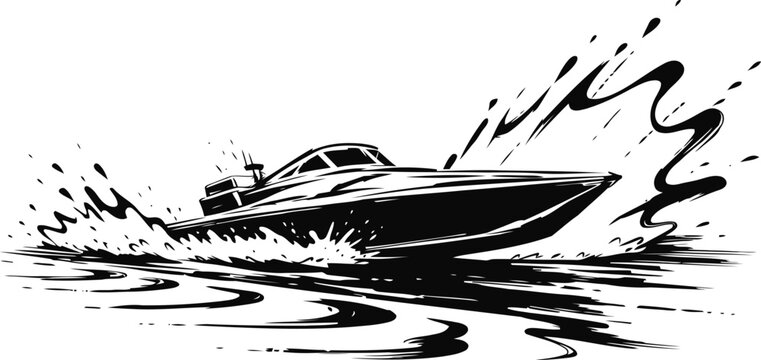 Speedboat racing across water surface creating splashes and dynamic waves in black and white illustration