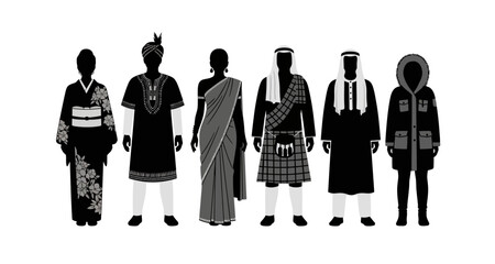 Silhouettes of people in traditional clothing on transparent background © Muskan