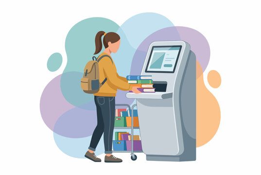 Student using a modern self service kiosk in a library