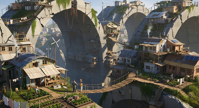 A picturesque, ramshackle village meticulously constructed within the remnants of a grand old bridge, illustrating architectural adaptation and community spirit
