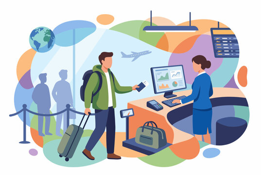 Modern Airport Check-in Service with Passenger and Staff