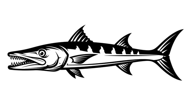 Graphic illustration of a barracuda with open mouth and sharp teeth