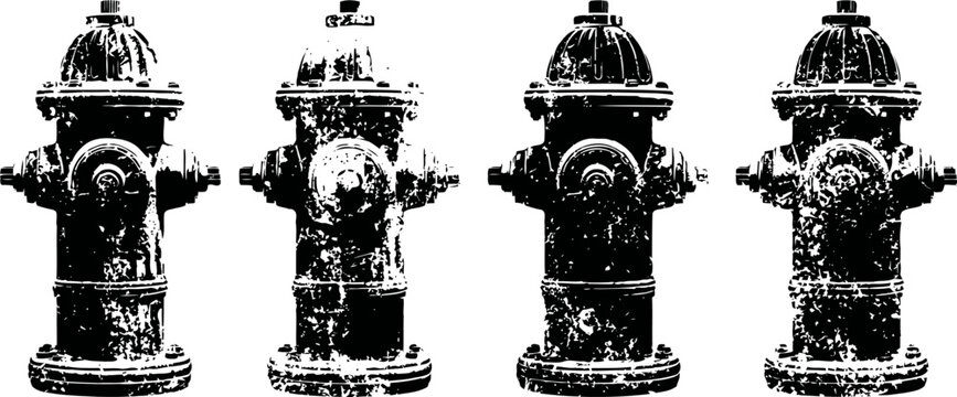 Four black and white fire hydrants in a row isolated on white background