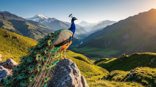 Majestic Peacock Perched on a Mountain Cliff at Golden Sunrise