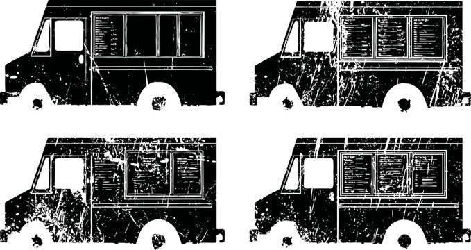 Vintage food truck silhouettes set with weathered texture in four different side views