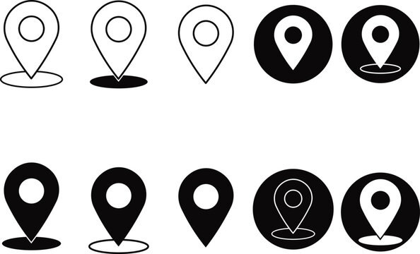 Collection of various map pin icons in black and white colour, vector graphics