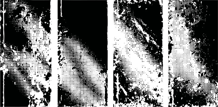 Abstract black and white grunge textures set distressed rough backgrounds with vintage noise and halftone patterns