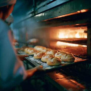Baker placing fresh bread rolls into industrial oven in commercial bakery kitchen closeup