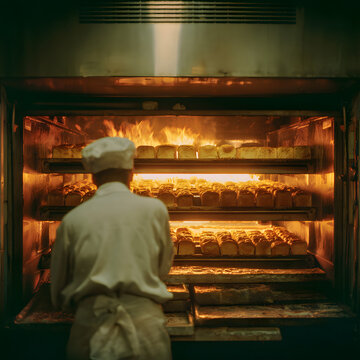 Baker placing trays of fresh bread into industrial oven in commercial bakery kitchen