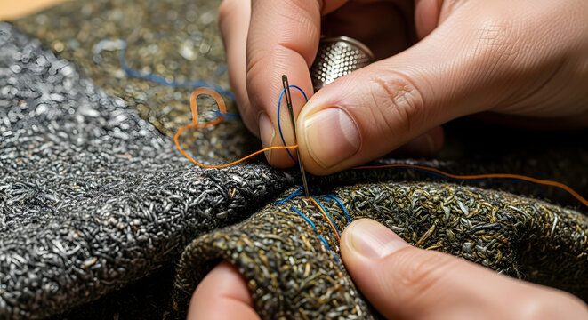 Detailed close-up of skilled hands meticulously sewing a textured fabric with a needle and colorful threads, highlighting the art of repair, tailoring, and traditional handcraft techniques