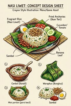Nasi Liwet Concept Design Sheet with Fragrant Rice and Garnishes.