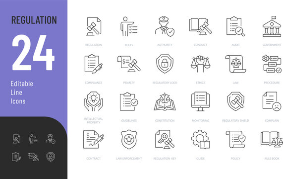 Regulation Line Editable Icons set. Vector illustration in a modern thin line style of law related icons: documents, ethic, law enforcement, and more. Isolated on transparent background.
