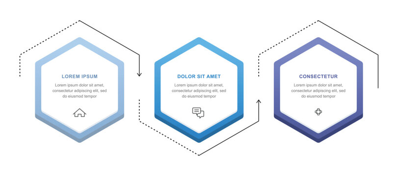 Clean three step hexagon process infographic template with colorful borders and directional arrows for simple business workflow and sequence presentation.