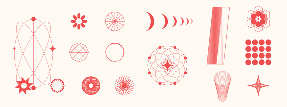 Minimalist red geometric symbols and abstract graphic elements set isolated on cream background for modern branding and creative vector compositions.